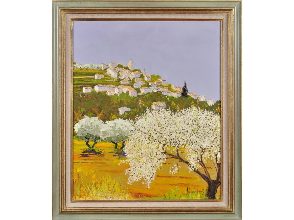Ernest AUDIBERT (1922-2017) : Cerisiers en fleur à Lacoste. Huile sur toile signée en bas à droite et titrée au revers. Dim : 65 x 54 cm.