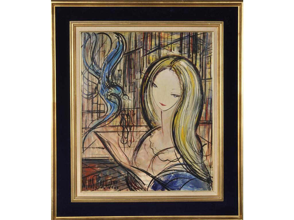 Michel Marie POULAIN (1906-1991) : Jeune fille à l'oiseau. Acrylique sur contre-plaqué. Signé en bas à gauche et daté (19)67 au dos. Dim : 65 x 54 cm.