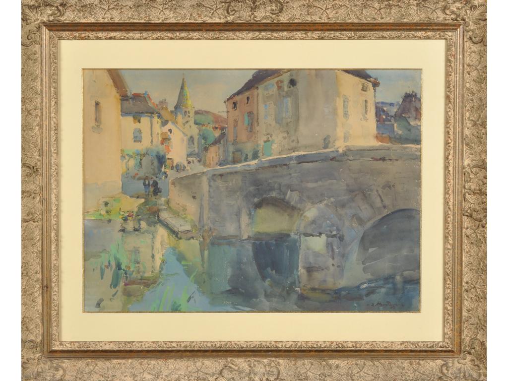 Louis MONTAGNE (1879-1960) : Le vieux pont. Aquarelle signée en bas à droite. Dim : 61 x 56 cm