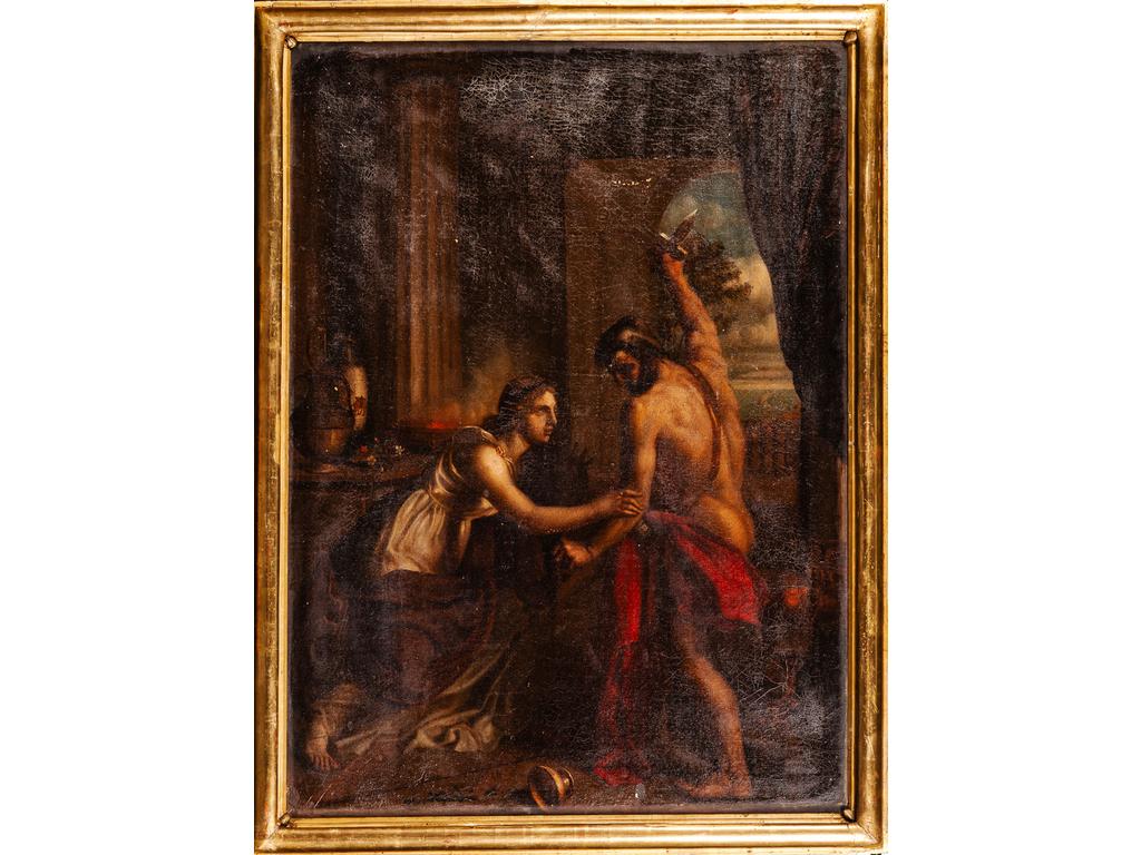 Ecole du XVIIIème siècle : Tarquin et Lucrèce. Huile sur toile (quelques repeints et craquelures). Dim : 100 x 73 cm.