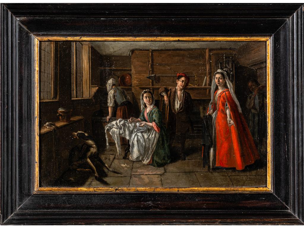 Jan-Joseph HOREMANS le jeune (1714-1790) : La visite chez la couturière. Huile sur cuivre monogrammée à gauche. Dim : 26 x 40 cm.
