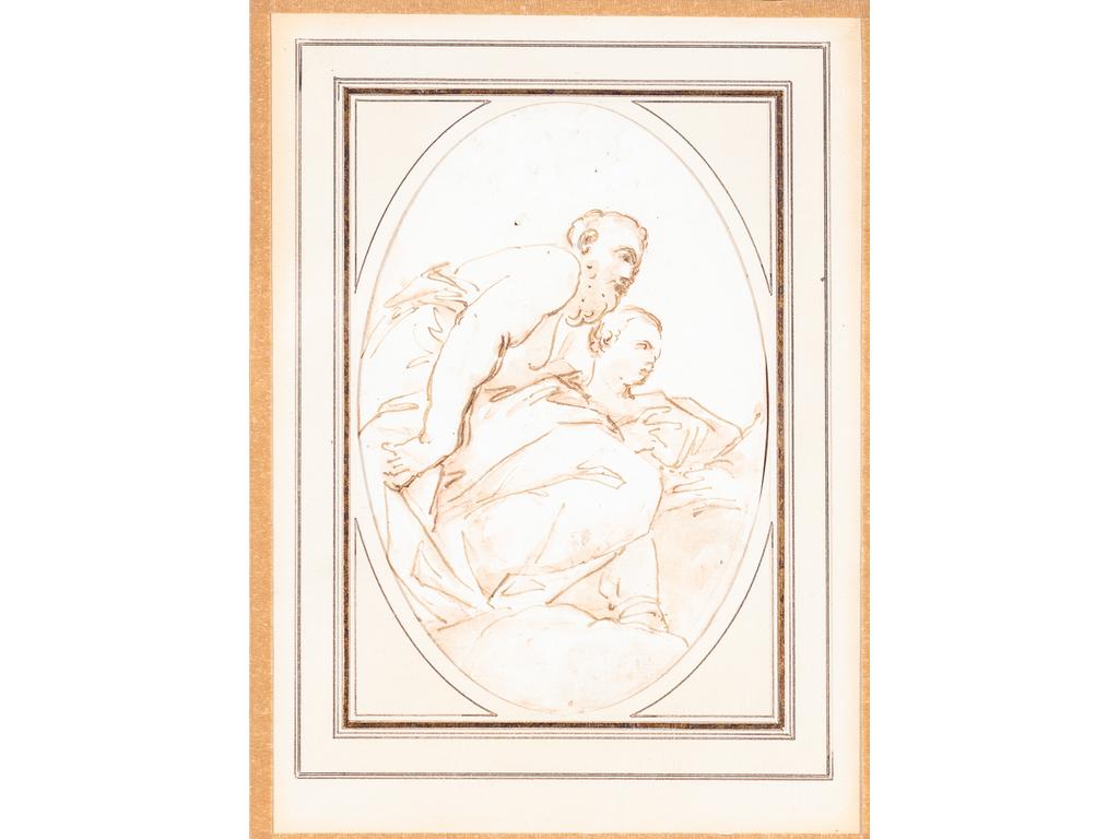 Ecole Italienne du XVIIIème siècle  : Vue plafonnante avec deux personnages. Plume et encre brune, lavis brun sur esquisse à la sanguine. 23,8 x 15,7 cm de forme ovale . Petites taches. Anciennes étiquettes au verso avec une ancienne attribution à Zelotti. Expert : Cabinet De Bayser
