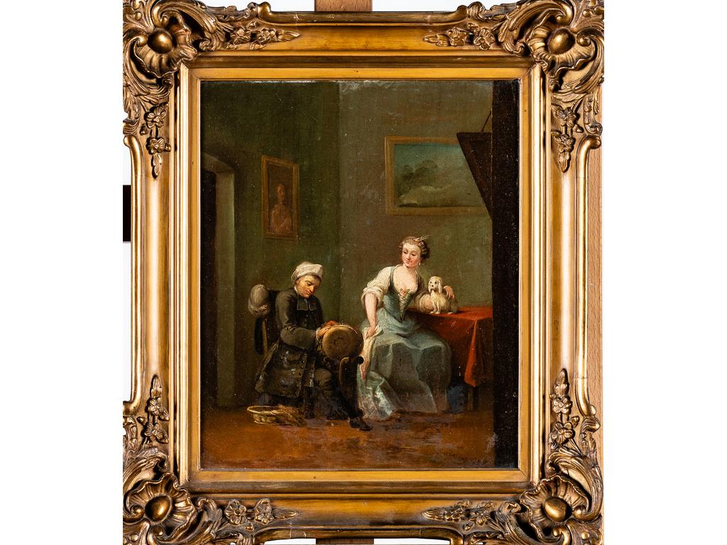 Ecole Française XIXème: Scène d'intérieur d'après Chardin. Huile sur toile (rentoilage). Dimensions: 36,5x29,5 cm.