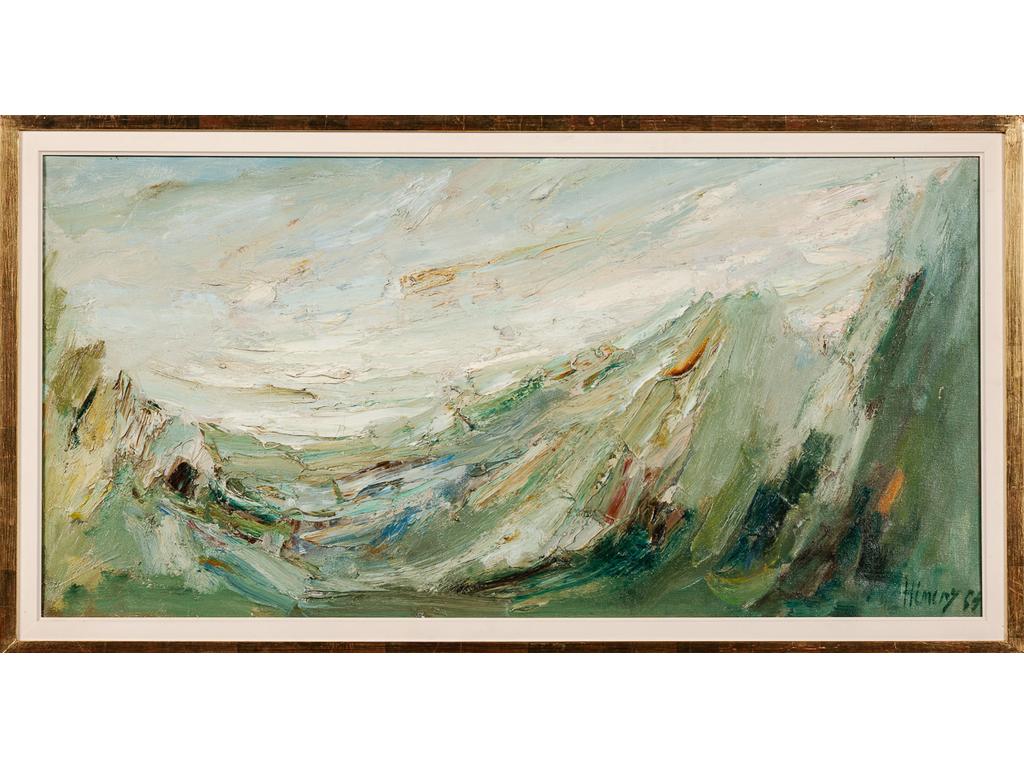 Paul HEMERY (1921-2006) : Chaine. Huile sur toile signée en bas à droite et datée 1963, contresignée, titrée et datée au dos. (Trous de punaise, et petit accident). Dim : 50 x 100 cm.