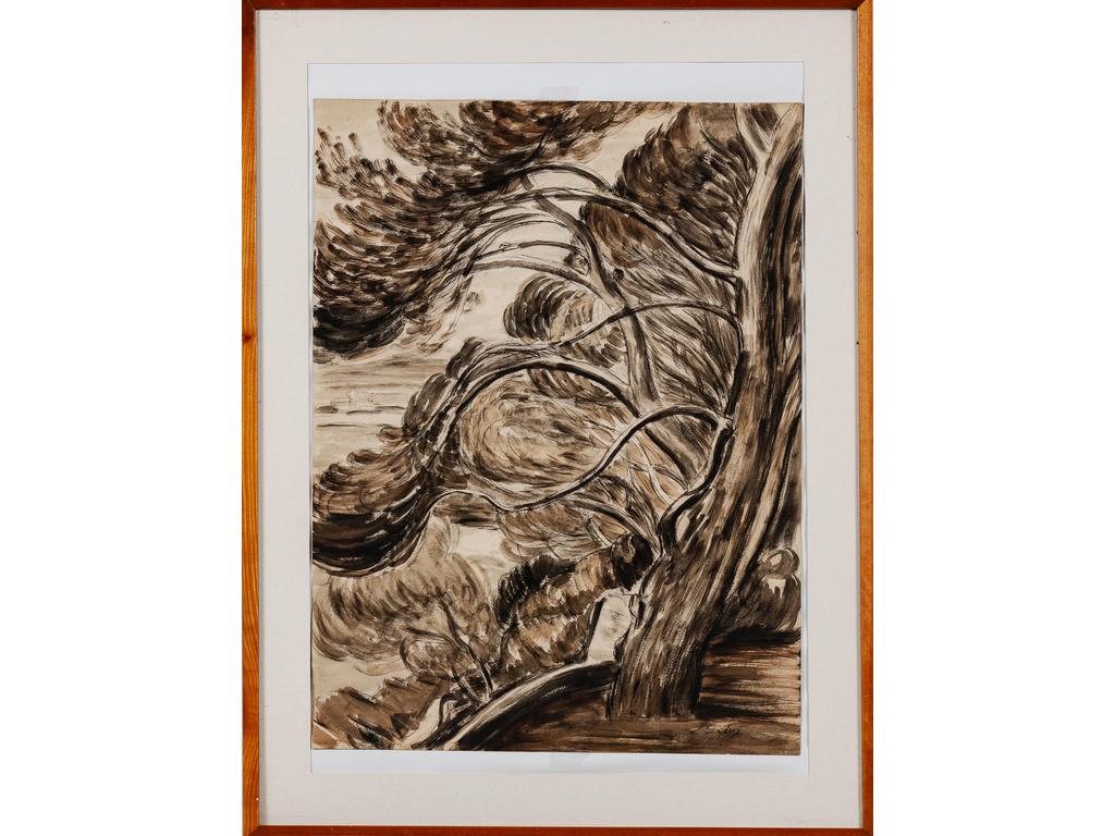 Léon DETROY (1857-1955) : Les arbres sous le vent. Gouache, encre et aquarelle signée en bas à droite. Dim : 63 x 48 cm.