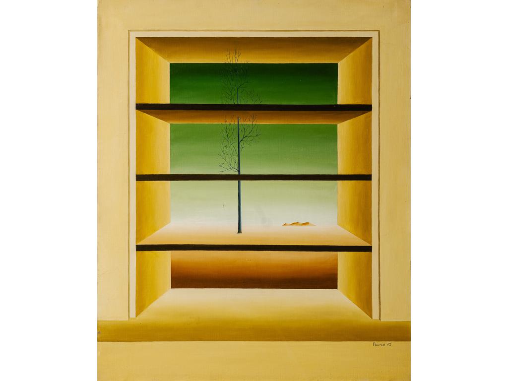 Gilbert POURCEL (1938) : Etagère arborée. Huile sur toile signée en bas à droite et datée 72. (Sans cadre). Dim : 74 x 60.5 cm.