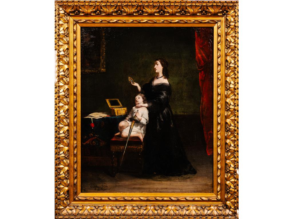 Adolphe STACHE : La veuve et l'orphelin. Huile sur toile signée en bas à gauche et datée 1858. (Repeints et rentoilage). Cadre en stuc doré (abîmé). Dim : 89 x 71 cm.