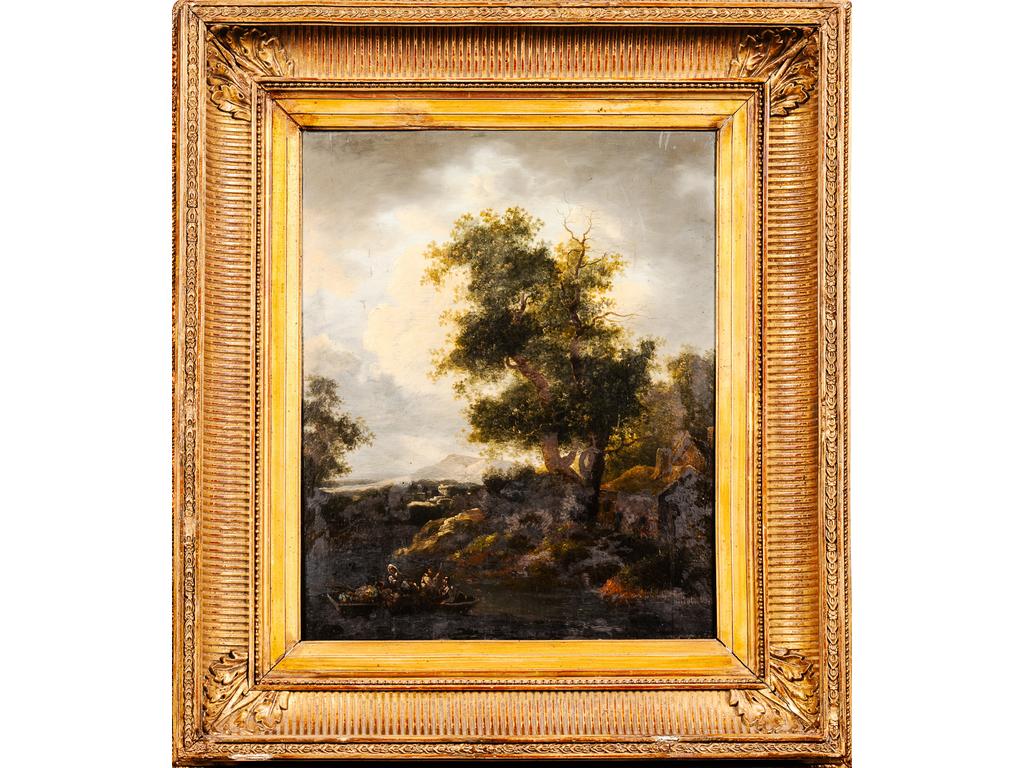 Ecole du début du XIXème siècle : Paysages animés de personnages dans des barques. Paire d'huiles sur panneaux. Cadre en bois et stuc doré. Dim : 46 x 37 cm.