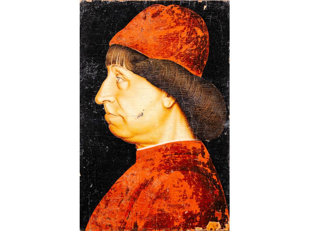 Attribué au Faussaire Pathétique (actif à la fin du XIXème siècle) : Portrait d'un condottiere de profil. Panneau. (Quelques manques de peintures en partie basse et choc au milieu).  Dimensions : 36.5 x 24 cm. Expert : Cabinet Eric Turquin