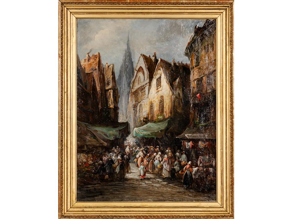 Jean SORLAIN (1859-1942) : Le marché médiéval. Huile sur toile signée en bas à gauche. (craquelures). Dim : 65 x 50 cm