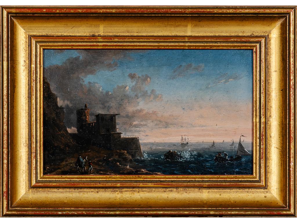 Ecole Française début XIXe : Bord de mer animé. Huile sur toile signée en bas à gauche. Dim : 13.5x22 cm