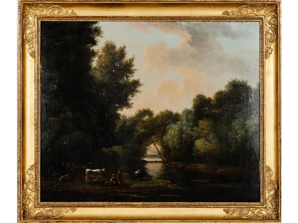 Ecole Française début XIXe : Paysage pastoral. Huile sur panneau (restaurations) Dim : 44 x 53 cm
