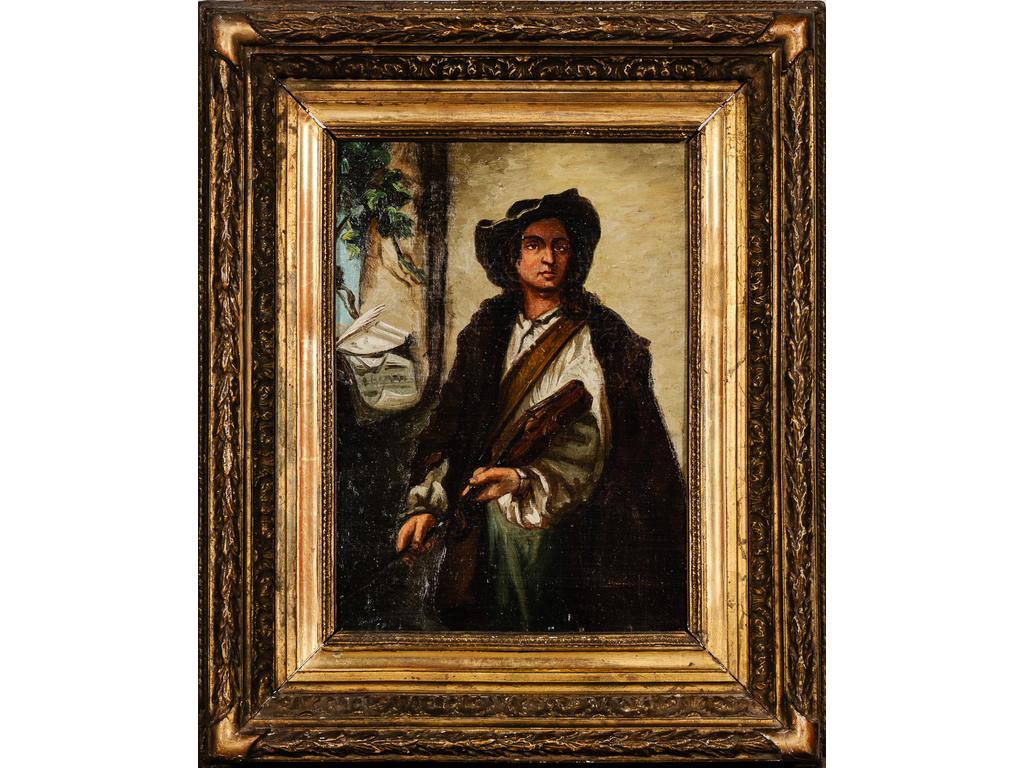 Ecole Italienne du XIXe : Violoniste. Huile sur carton (au verso une vue de village) Dim : 34x25 cm