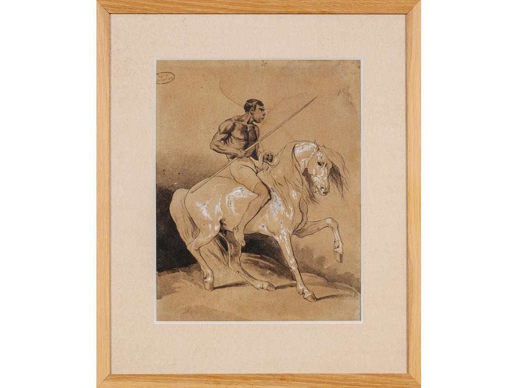 Ecole fin XIXème siècle : Cavalier. Technique mixte portant un cachet atelier polytechnique. (Déchirure, taches). 42 x 33 cm