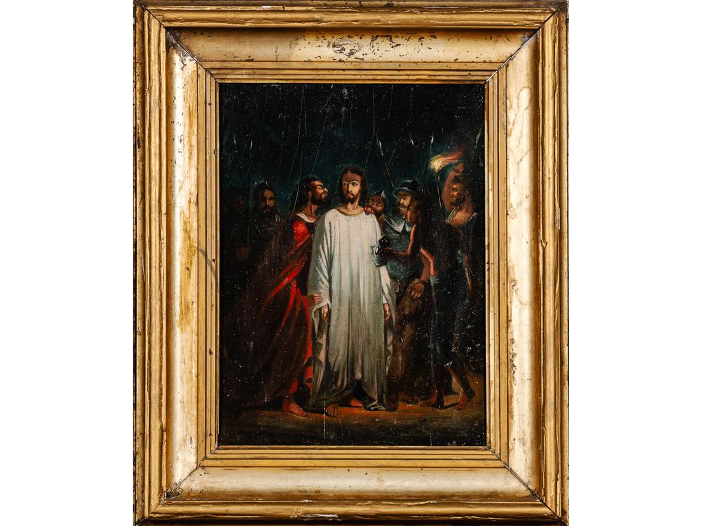 Ecole Italienne fin XVIIIe : Le baiser de Juda. Huile sur panneau. Dim : 35 x 26 cm