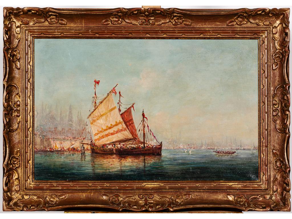 Ecole Française du XIXe : Vue sur le Bosphore. Huile sur toile. Dim : 40 x 65 cm