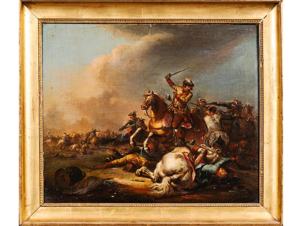 BERTEAUX, école Française du XVIIIème siècle : Choc de cavalerie. Huile sur toile signée en bas à droite et datée 1770. (Un accroc restauré). Dim : 54 x 65 cm.
