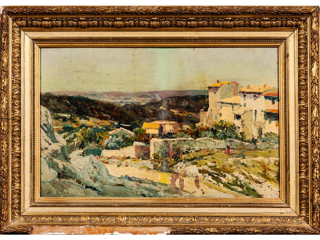 Louis NATTERO (1870-1915) : Vue de village. Huile sur panneau signée en bas à droite. Cadre en stuc doré abîmé (manques importants de peinture sur la toile). Dim : 38x55 cm