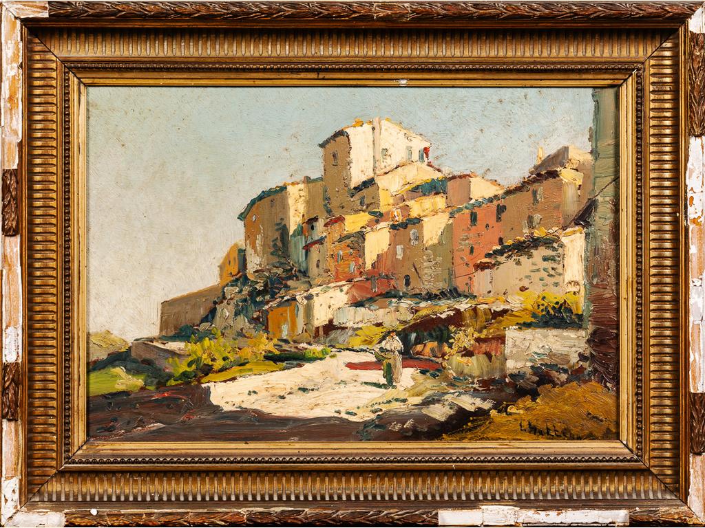 Louis NATTERO (1870-1915) : Vue de Fuveau. Huile sur panneau signée en bas à droite. (panneau consolidé, fente au côté droit et cadre abîmé). Dim : 45x32 cm