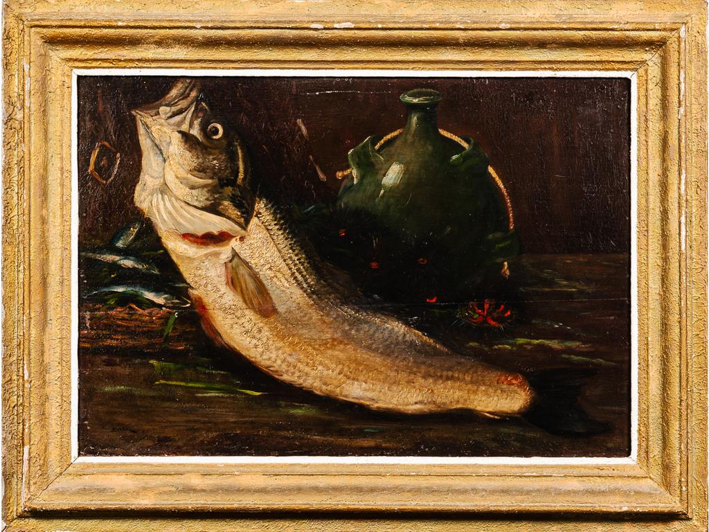 Joseph ODDE (XIXe-XXe) : Nature morte au poisson. Huile sur panneau signée en bas à droite. (panneau consolidé, entures et restaurations). Dim : 47 x 69 cm