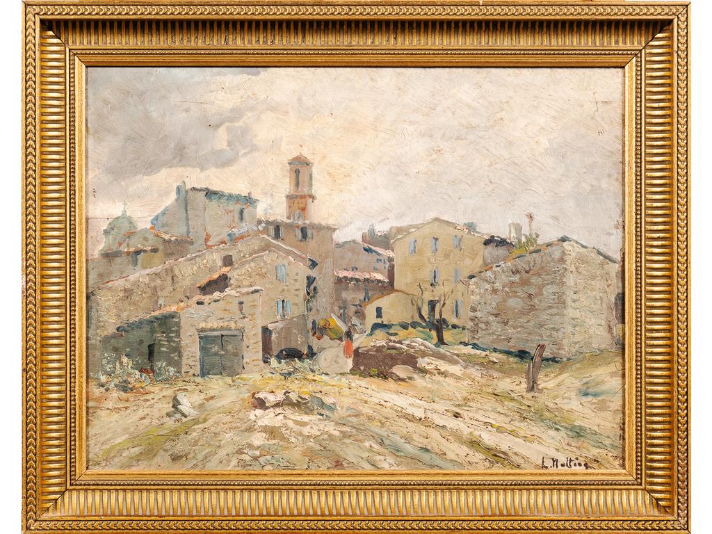 Louis NATTERO (1870-1915) : Village au clocher. Huile sur panneau signée en bas à droite. Dim : 36x47.5 cm