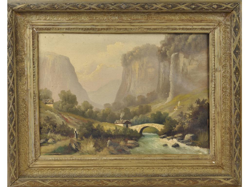 Ecole Française XIXe : Paysage de Savoie Vallée de lArc. Huile sur toile signée en bas à droite. Dim : 47.5x65 cm