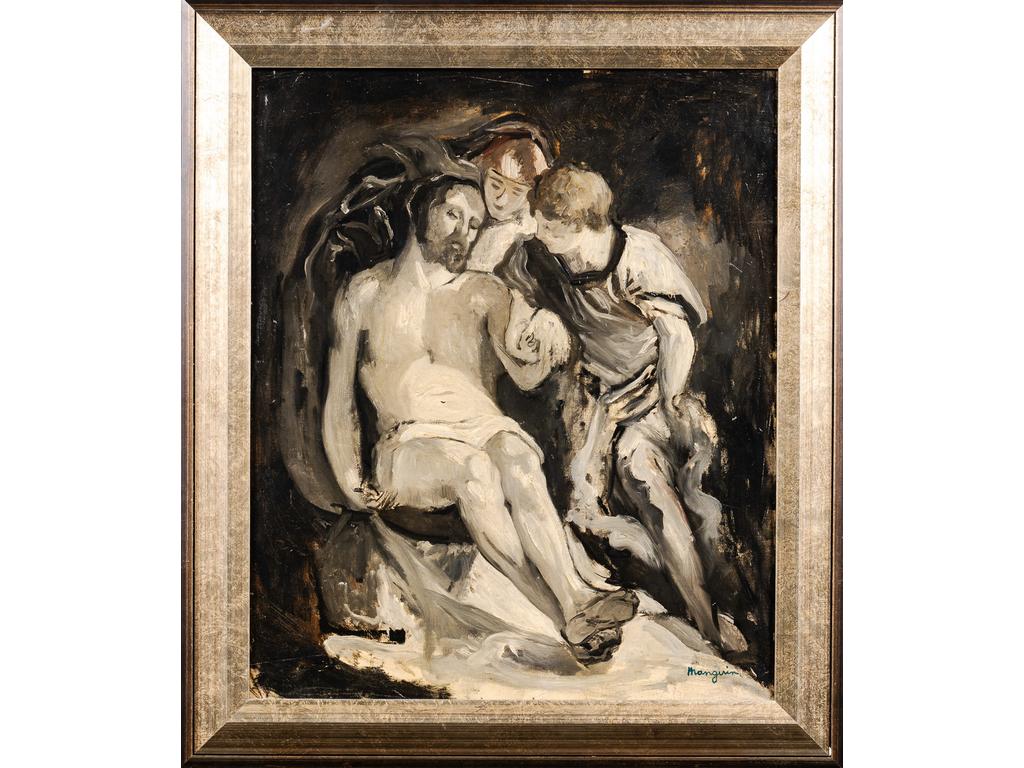 Henri MANGUIN (1874-1949) : Pièta (circa 1894). Composition en grisaille, d'aprés l'oeuvre de Paul Véronèse, conservée au musée de l'Ermitage. Huile sur toile signée en bas à droite. Dim : 65 x 54 cm.