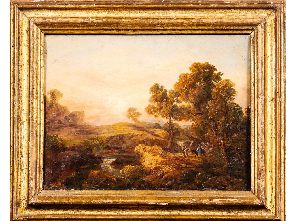 Ecole fin du XVIIIème siècle : La fuite en Egypte. Petite huile sur toile encadrée. (Infime accroc). Dim :21 x 28 cm.