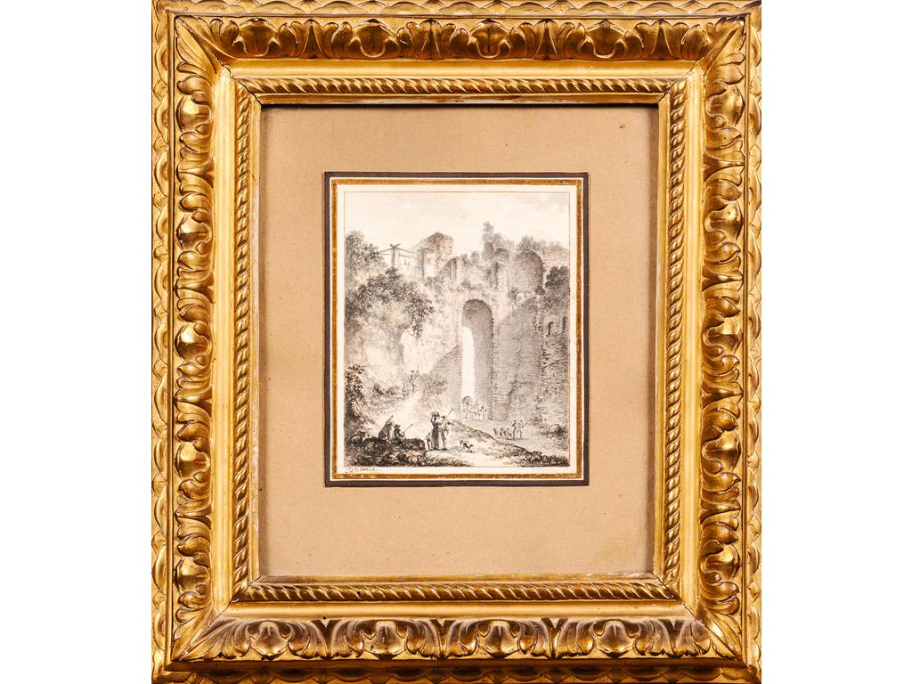 Jean Baptiste TIERCE (1737-1794) : Ruines animées. Petit dessin au lavis et encre signé en bas à gauche. Dim : 13 x 10.5 cm.