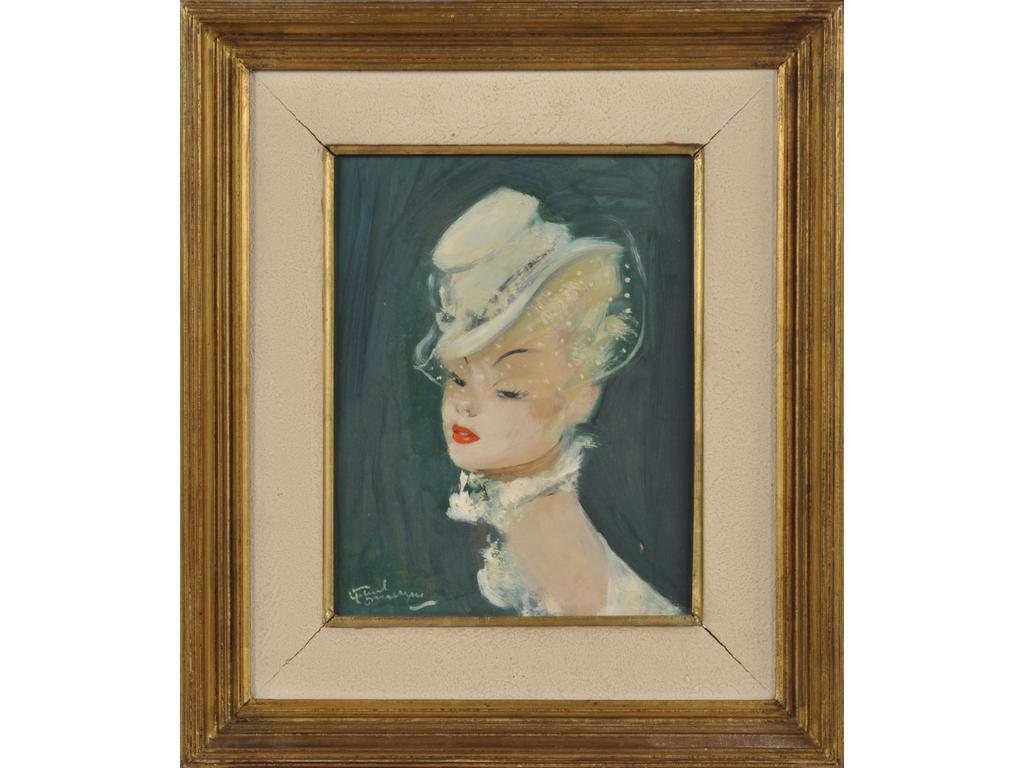 Jean Gabriel DOMERGUE : Jeune femme à la voilette. Huile sur isorel signée en bas à gauche (infime éclat en bas à droite). Dim : 24 x 19 cm.