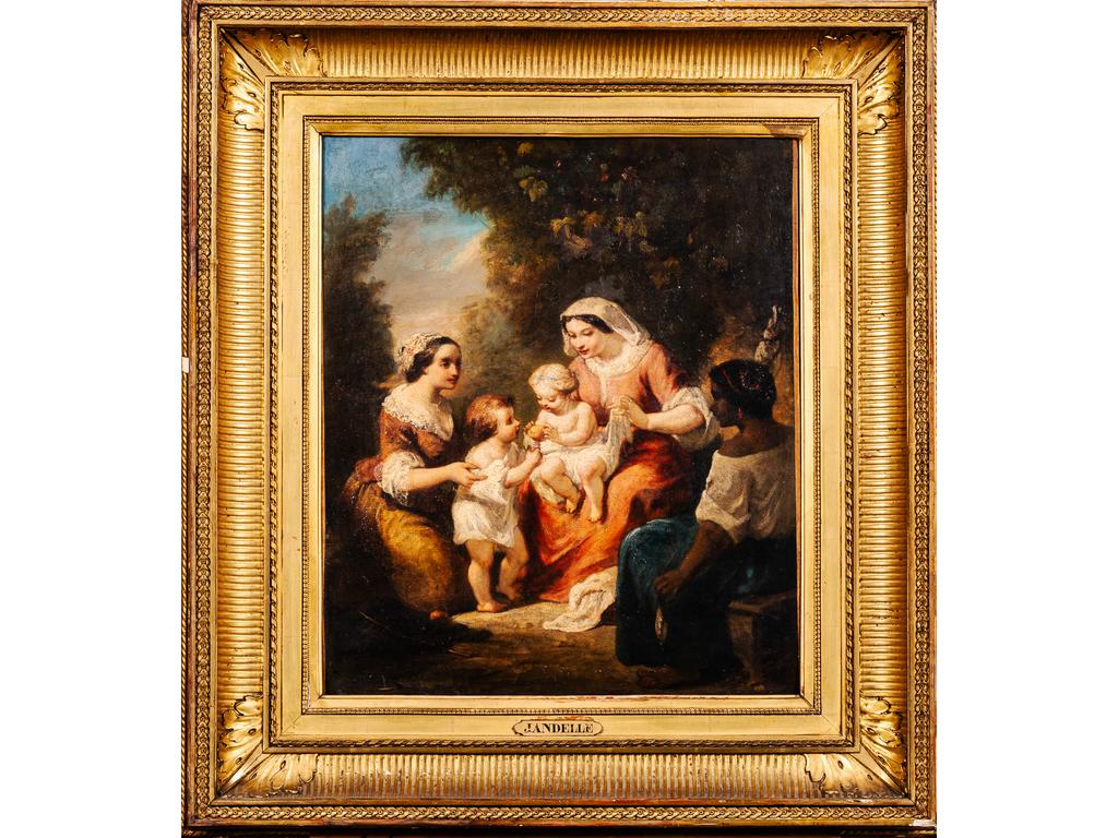 Eugène JANDELLE (1825- ?) : Enfants jouant avec leurs nourrices. Huile sur toile signée en bas à gauche.(Rentoilage). Dim : 54 x 46 cm.