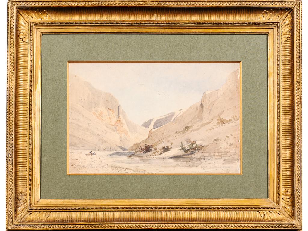 Paul Camille GUIGOU (1834-1871)  : Vallée du Toulousaine. Aquarelle sur papier marouflé signée en bas à droite et située en bas à gauche. Dim : 26.5 x 42 cm. Certificat de Madame Claude Jeanne BONNICI, en date de 1er juillet 97.