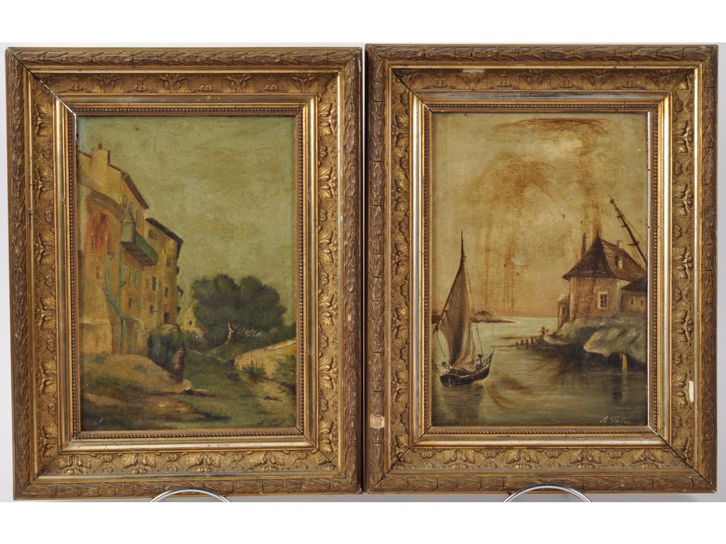 A. FABRE (XIXème siècle) : Le village et Maison de pécheurs. Paire d'huiles sur carton signées en bas à droite. (Vernis jauni). Dim : 32.5 x 22.5 cm.