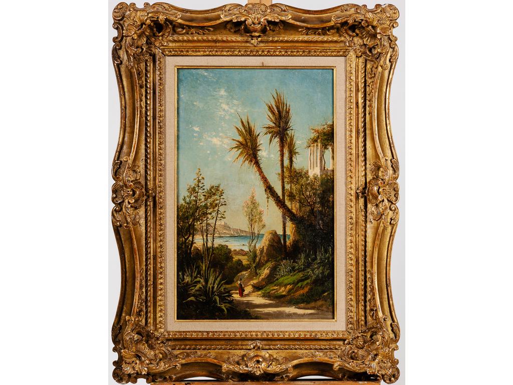 Paul Camille GUIGOU (1834-1871) : Paysage orientaliste. Huile sur toile signée en bas à gauche et datée (18)67. Dim : 55 x 36 cm Certificat de M.André Alauzen en date du 25 novembre 1979.