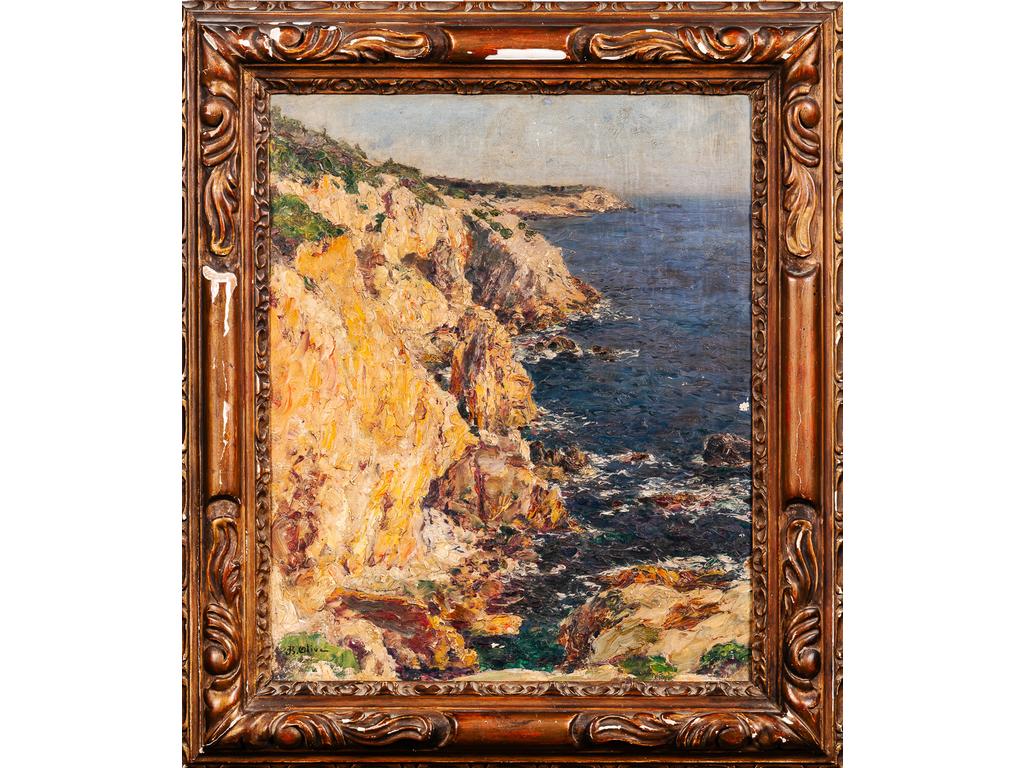 Jean-Baptiste OLIVE (1848-1936) : Bord de mer rocheux. Huile sur toile signée en bas à gauche. (Infîmes éclats de peinture). Dim : 46 x 38 cm.