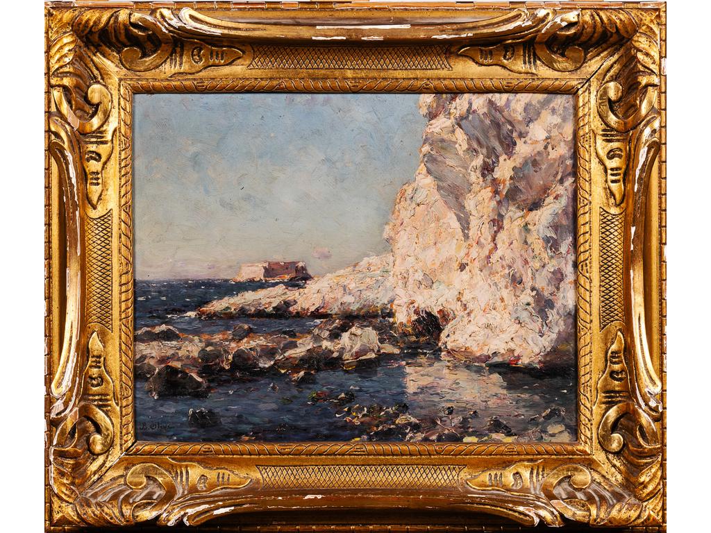 Jean-Baptiste OLIVE (1848-1936) : L'île de Degaby, Marseille. Huile sur panneau signée en bas à gauche. Dim : 32.5 x 41 cm.