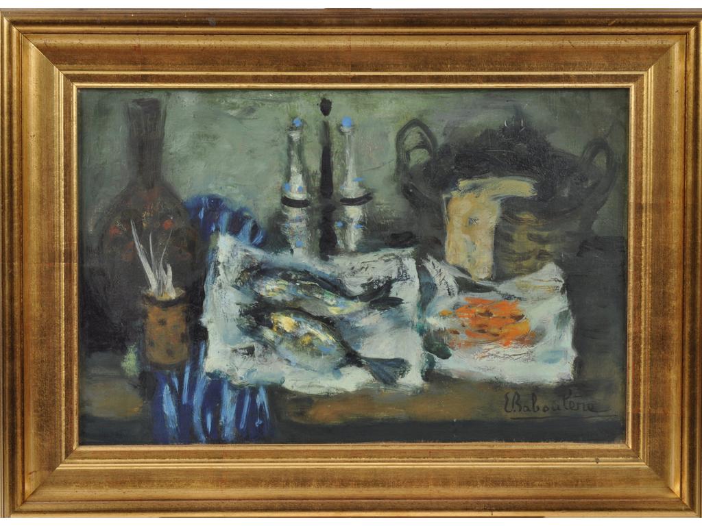 Eugène BABOULENE (1905-1994) : Les deux poissons. Huile sur toile signée en bas à droite et datée au dos 1971. Dim : 27x41 cm