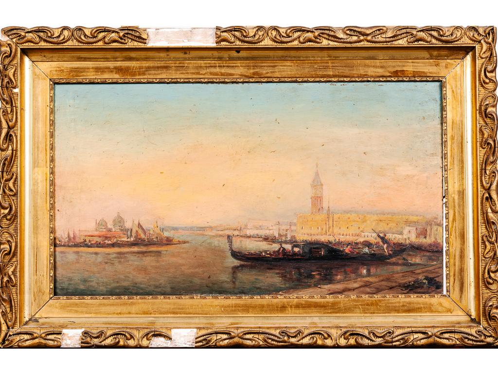 Ecole du XIXème siècle, dans le goût de Félix ZIEM : Venise. Huile sur panneau. (Quelques sauts de peinture). Cadre en stuc doré (abîmé). Dim : 37 x 65 cm.
