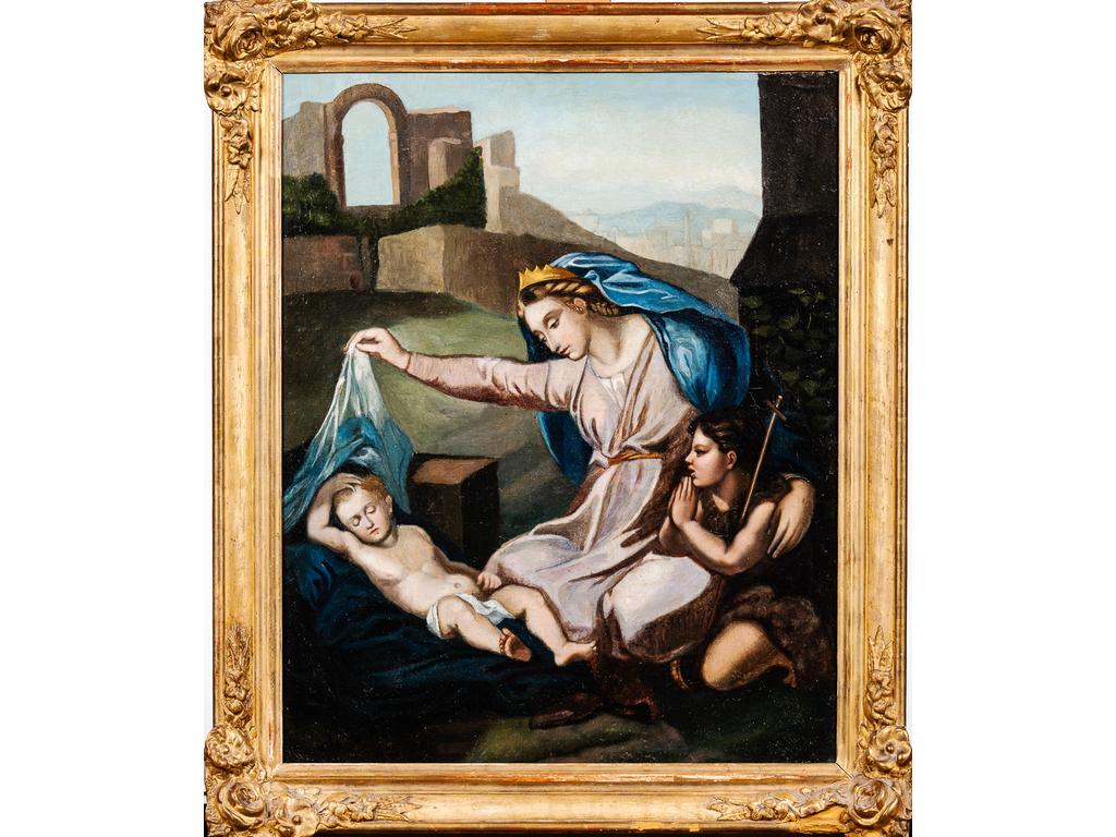 Ecole du XVIIIème siècle : Vierge à l'enfant et le jeune Saint Jean-Baptiste : Huile sur toile (Restaurée : repeints et rentoilage). Dim : 55 x 46 cm.