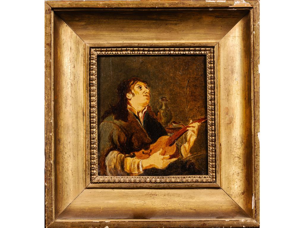 Ecole Hollandaise du XIXème siècle : Etude d'un violoniste. Petite peinture sur panneau d'acajou. Cadre en bois doré. Dim : 17 x 15 cm.