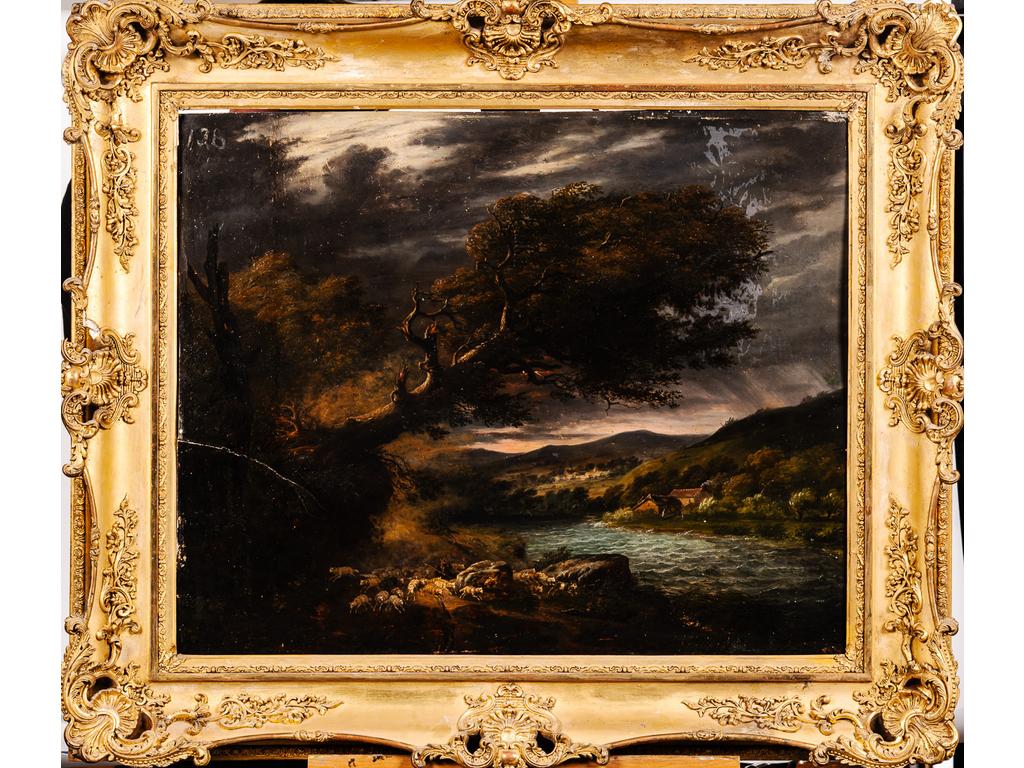 Ecole XIXème siècle : Paysage par temps d'orage. Huile sur panneau. Dimensions : 63 x 77 cm. (fente côté gauche, éraflures)