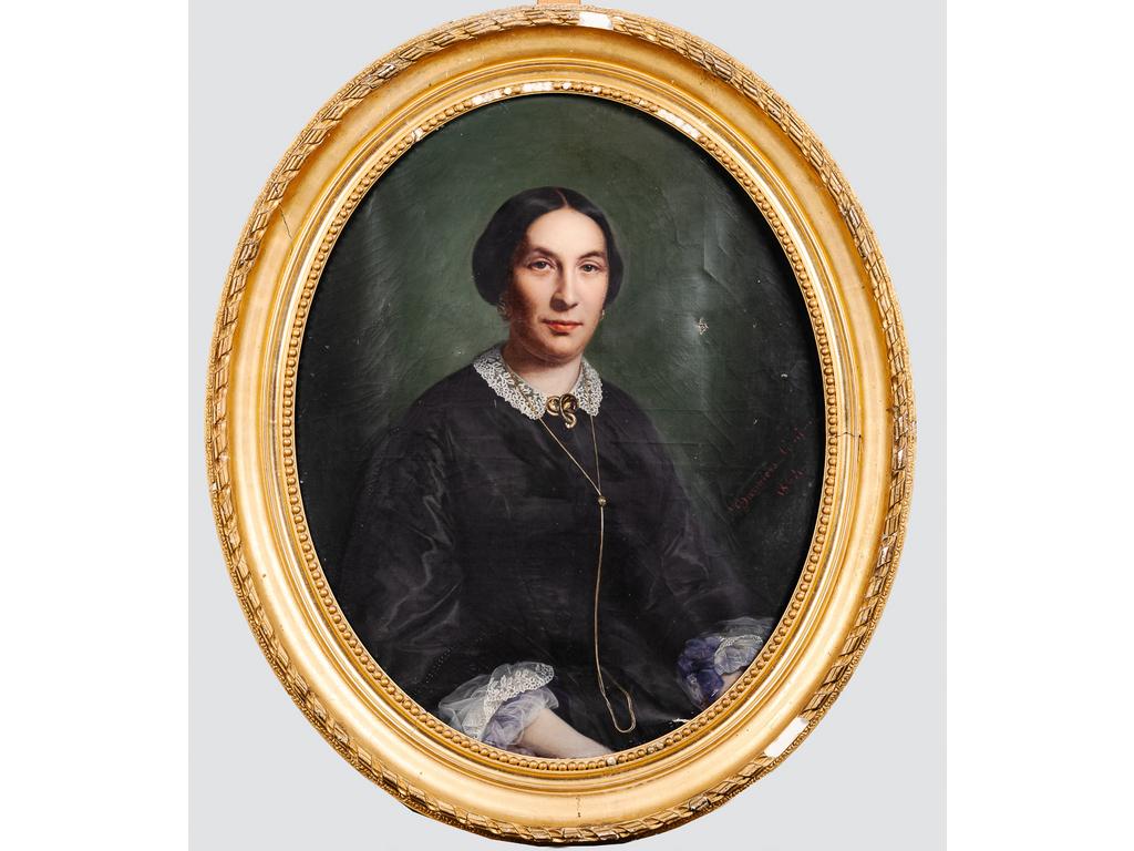 P. DANGIERS GOUJON : Portrait d'une femme et d'un homme. Paire d'huiles sur toiles ovales signées et datées 1864. Cadres en stuc doré (Petits accidents sur la toile). Dim : 81 x 65 cm.