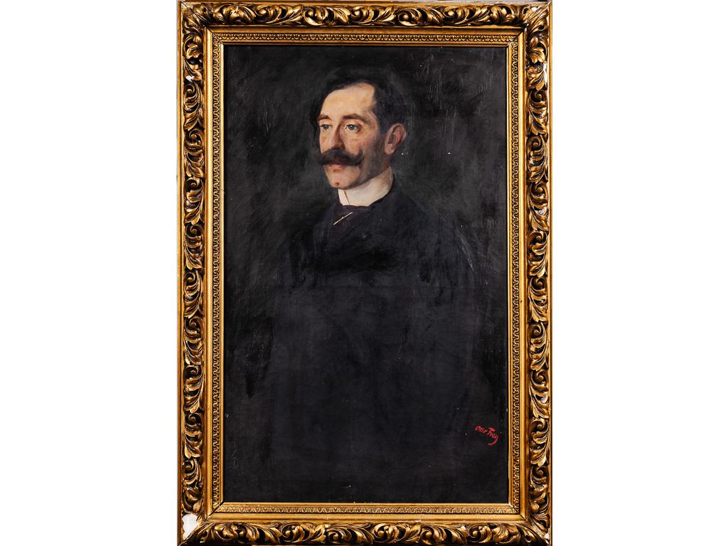 Otto FREY : Portrait d'un Dandy, vers 1900. Huile sur Toile signée en bas à droite. Cadre en stuc doré (Abîmé aux angles). Dim : 90 x 56 cm.