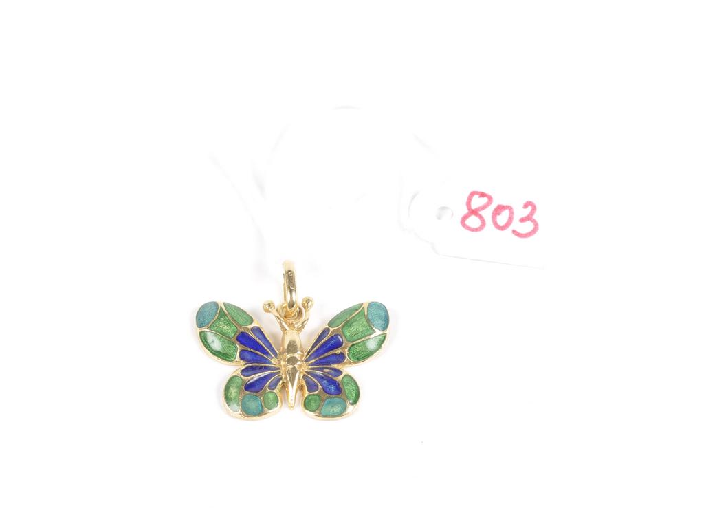 Pendentif papillon émaillé bleu et vert en or jaune ( AC). PB: 5g