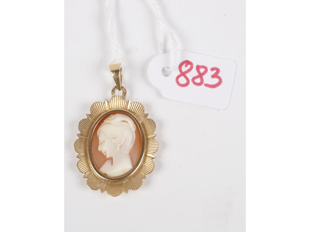 Pendentif camée coquillage à profil de femme dans un entourage festonné. Poinçon tête daigle. PB: 3.7g