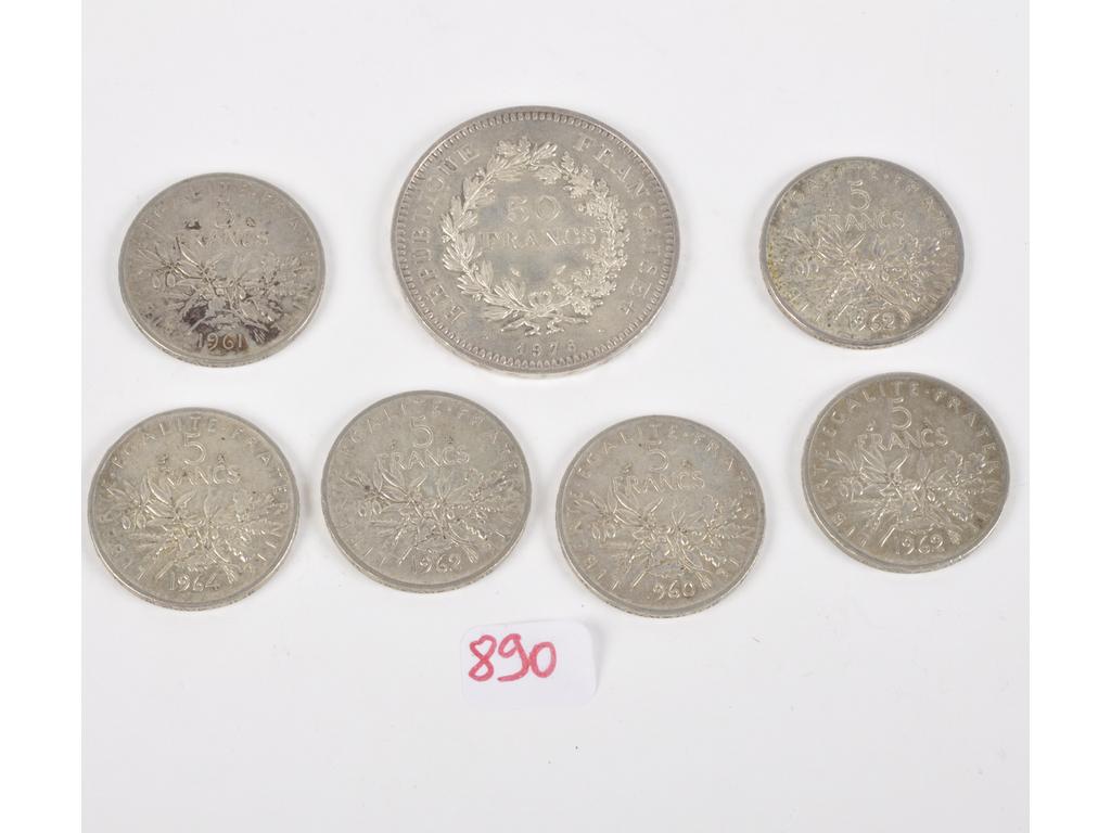 Lot de pièces en argent : 1 pièce de 50 F Hercule et 6 pièces 5 F semeuse. Poids total : 101.4 g