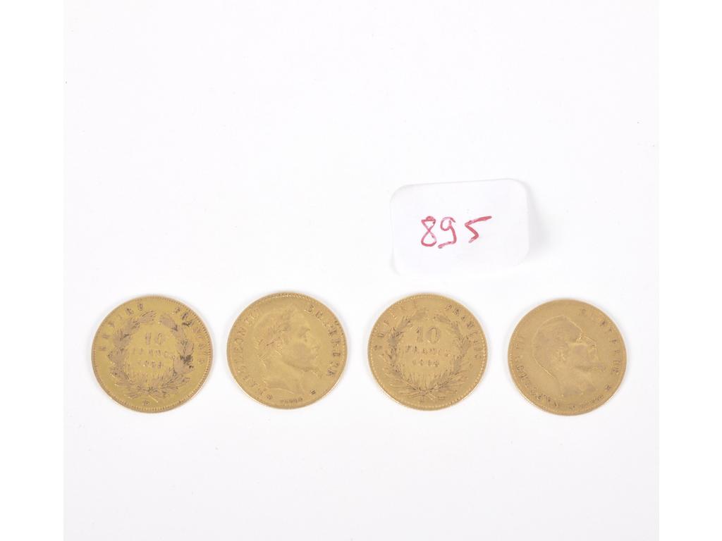 4 Pièces de 10 F or : 2x Napoléon III tête laurée 1859 et 2x Napoléon III tête nue 1868. Poids total : 12,7g
