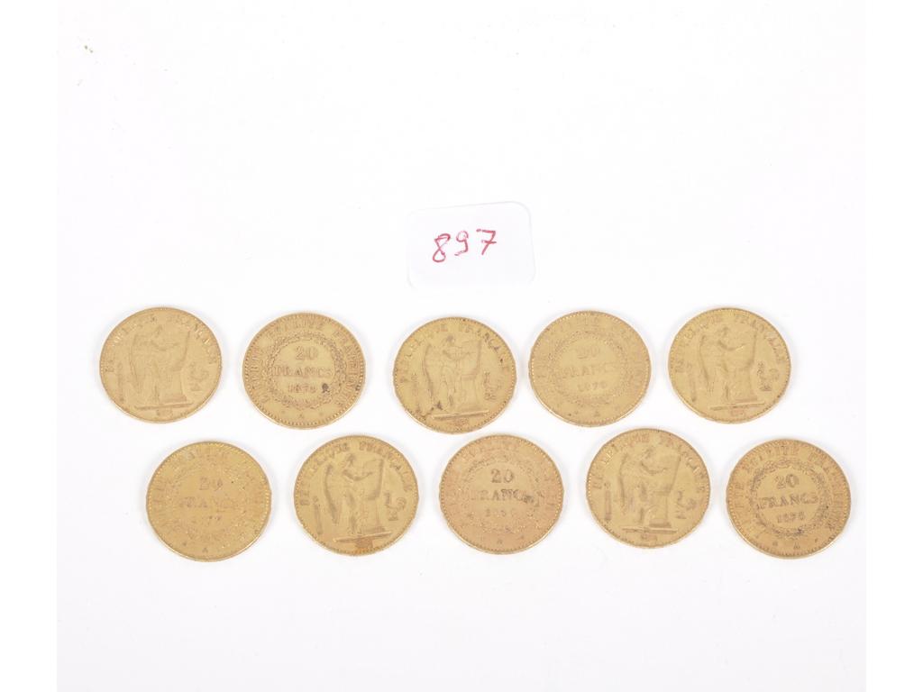 10 Pièces de 20 F or Génie. Poids total : 64,4g.