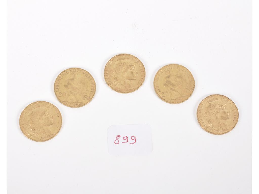 5 Pièces de 20 F or Coq. Poids total : 32,2g