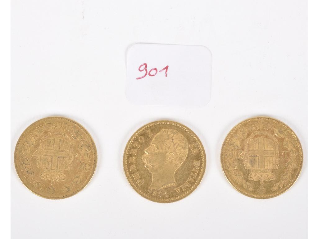 3 Pièces de 20 Lires Umberto Ier. Poids total : 19,3g